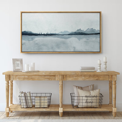 Abstract Navy Blue Mountain Lake Landscape Art Horizontal Panoramic Nature Living Room Decor