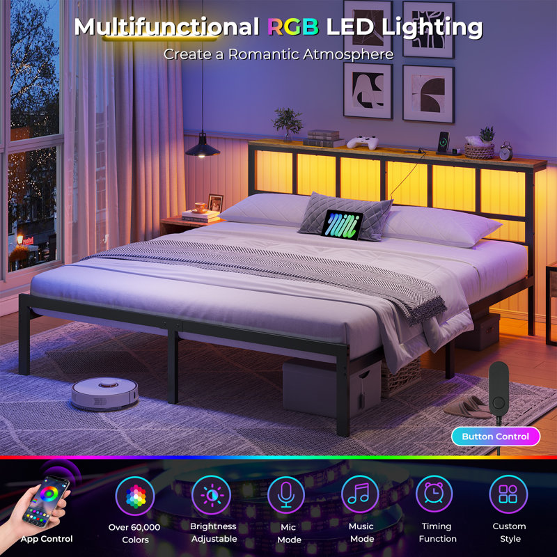 Bed Frame with Power Strip & LED Lights, Metal Platform Beds with Headboard, Stable and Sturdy, No Box Spring Needed