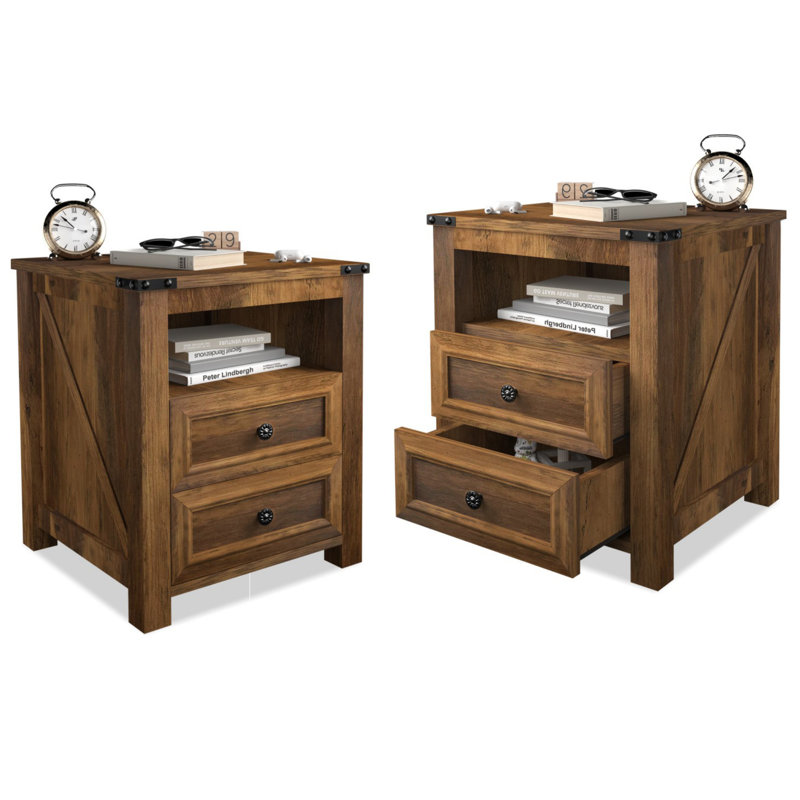 Farmhouse Charging Nightstand With 2 Drawers & USB Ports - Effortless Power And Storage, Brown, Individual