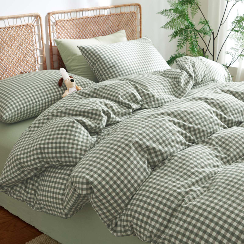 Nayoroom 3 Pieces Gingham Duvet Cover 100% Washed Cotton Plaid Checkered Duvet Cover Set Modern Grid Bedding Set With Zipper Closure Corner Ties