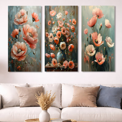 Pink Grey Poppies Flowers Still Life Charm I – Floral Metal Print Wall Art Set of 3