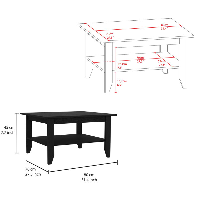 Table basse de salon noire et gris anthracite avec tablettes élégantes