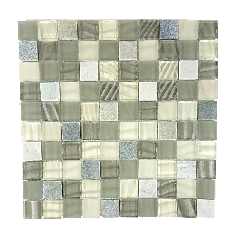 New Era 12 in. x 12 in. Glass & Stone Straight Edge Square Mosaic Wall & Pool Tile, Light Gray