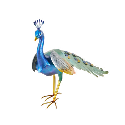 Metal Peacock Blue Decorative Garden Sculpture With Gold Legs And Teal Wings