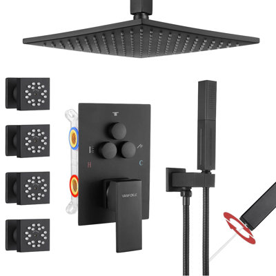 Shower Faucet Set, Ceiling Mount 10 Inch Shower Head,4 Pcs Dual Modes 2 Inch Body Jets, 2 In 1 Handheld
