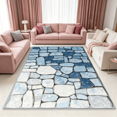Tapis de mosaïque en pierre bleue pour le salon, doux et confortable, adapté à toutes les saisons, facile à entretenir, tapis de sol intérieur lavable à la machine, sous la table de ferme convenant à la chambre à coucher, à la salle à manger, au bureau, au balcon, au patio de décoration intérieure