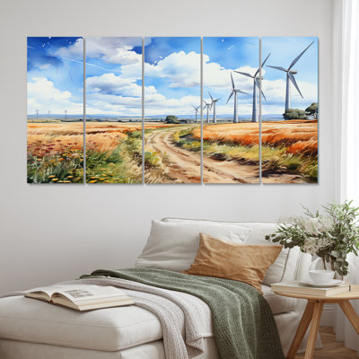 «Countryside Road To Wind Turbines II», impression d'art mural de paysages - 5 panneaux égaux