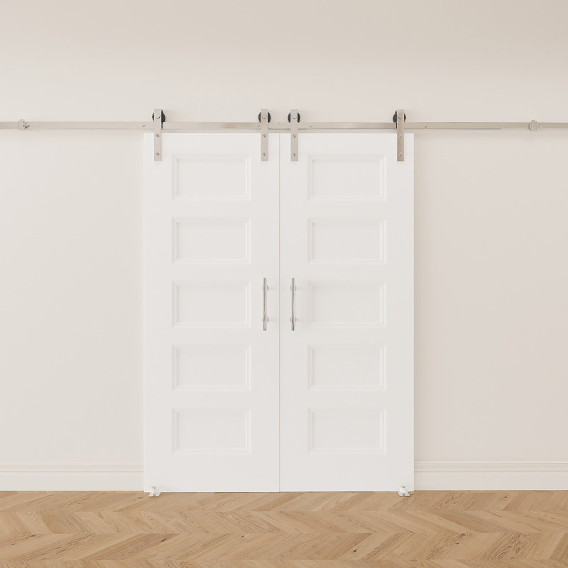 Porte de grange coulissante double 80 po à 5 panneaux blancs H 80 po avec quincaillerie d'installation en nickel brossé - Surface apprêtée, noyau creux