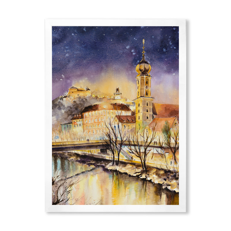 «Vintage Church By The River In Old Europe», peinture sur toile, Toile blanche avec cadre d'angle fermé, H 32 po x l 16 po