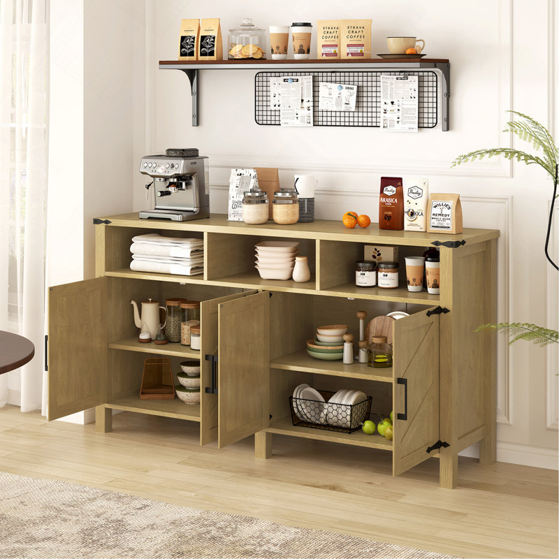 59"W Sideboard with Cabinets with Adjustable Shelves and Charging Ports, Brown