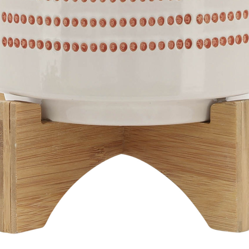 Ceramic Planter for Indoor and Outdoor Use Orange Planter with Aztec Design on Wooden Stand, Red, 9" H x 8" W x 8" D