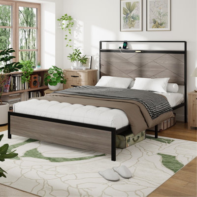 Structure de lit double en bois avec rangement, tête de lit à DEL et 2 ports USB, silencieux, sans sommier, gris antique