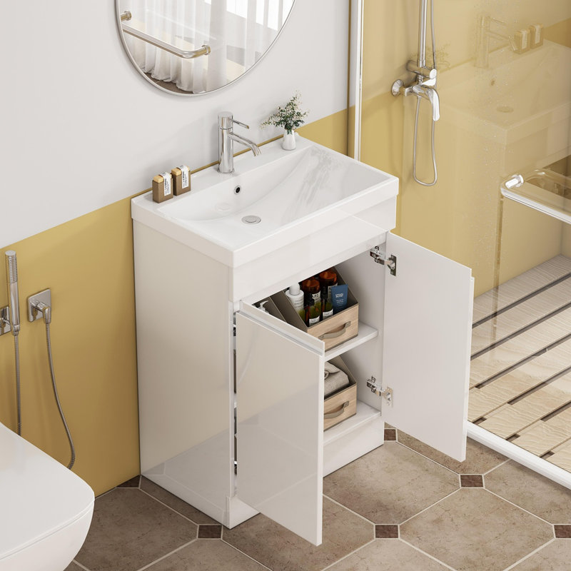 Ensemble de meuble-lavabo 24 po avec lavabo et miroir, armoire de salle de bain 2 portes, avec poignée, conception sans poignée, lavabo en céramique à bordure épaisse unique, charnière à système de fermeture en douceur, assemblage facile
