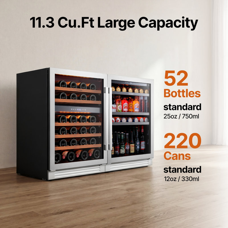 24 In Wine&beverage Refrigerator Combination, 3-Temperature Zones,24" Dual-Zone Wine & Beverage Fridge– 52-Bottle Dual-Zone Wine Fridge + 200-Can Beverage Cooler, Built-In/Freestanding, Stainless Steel, UV Glass, Adjustable Shelves, LED Light(2 Units)