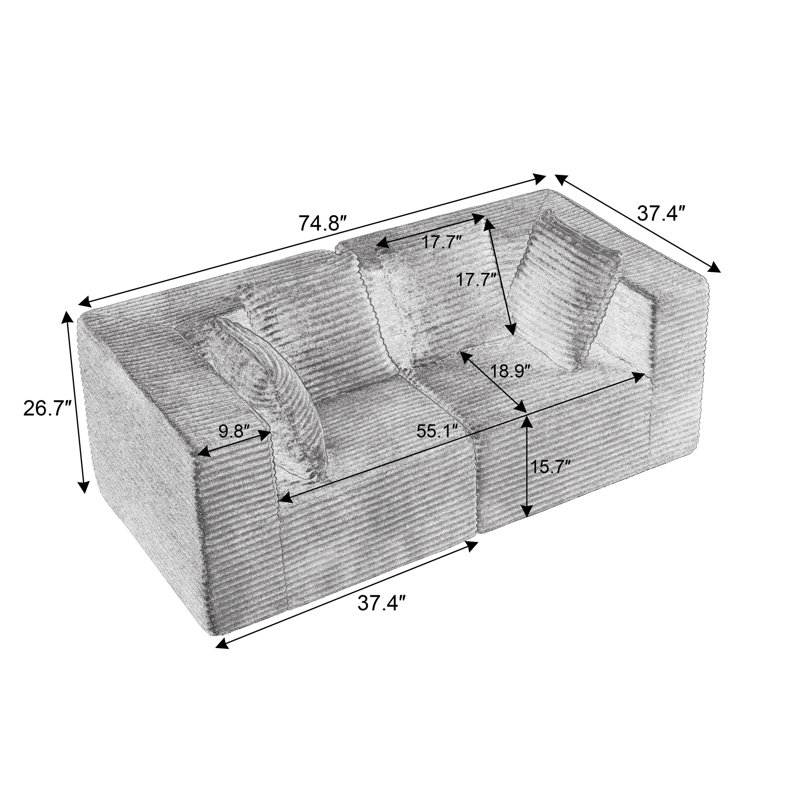 Canapés sans ossature apparente pour salon, canapé d'angle modulaire moderne, Camel Corduroy, 26.7" H x 74.8" W x 37.4" D