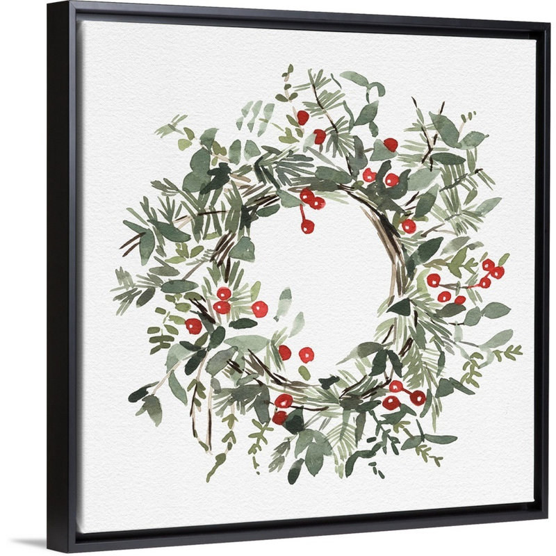 «Holly Farmhouse Wreath I» par Emma Caroline - reproduction d'art sur toile, Cadre noir, H 26 po x l 26 po x P 1,75 po