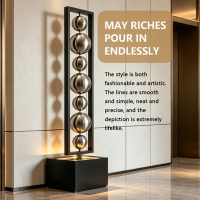 Fontaine décorative de luxe en acier inoxydable noir et argent clair de 183 cm (72,05 po)