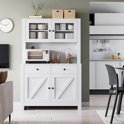 Kitchen Pantry Cabinet With Microwave Stand, Freestanding Hutch Cabinet With Buffet Cupboard, Tall Kitchen Cabinets With Adjustable Shelves For Dining by Ophelia & Co.