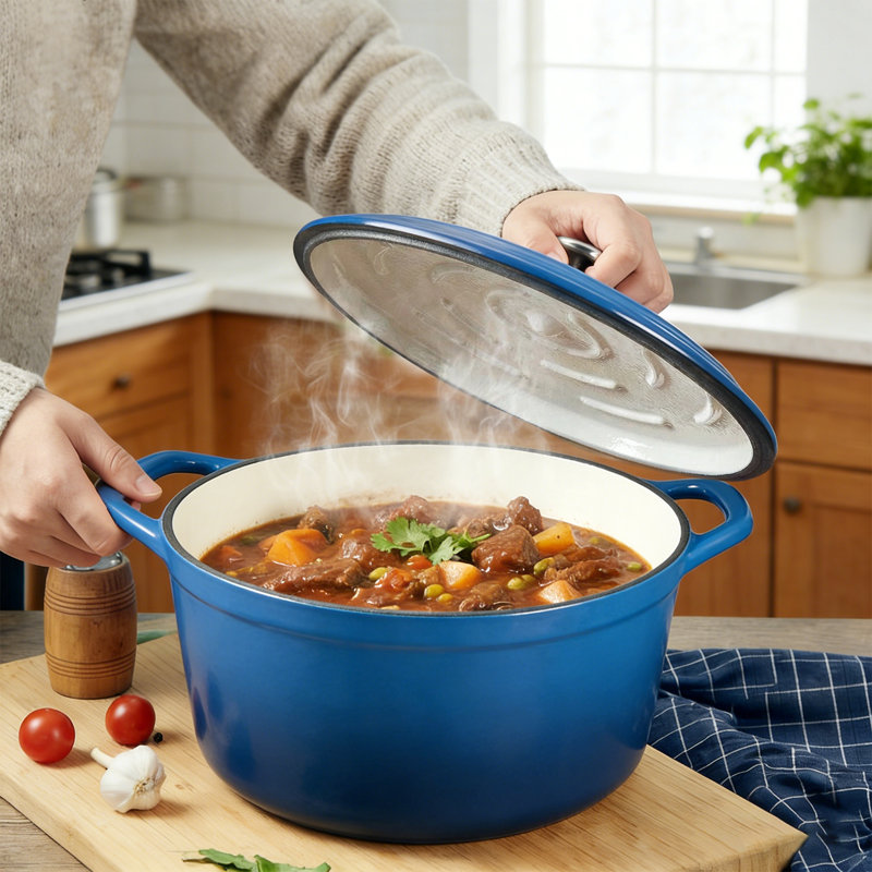 Cocotte en fonte émaillée Overmont, casserole robuste avec couvercle et deux poignées, pour braiser, ragoûts, rôtir et faire du pain