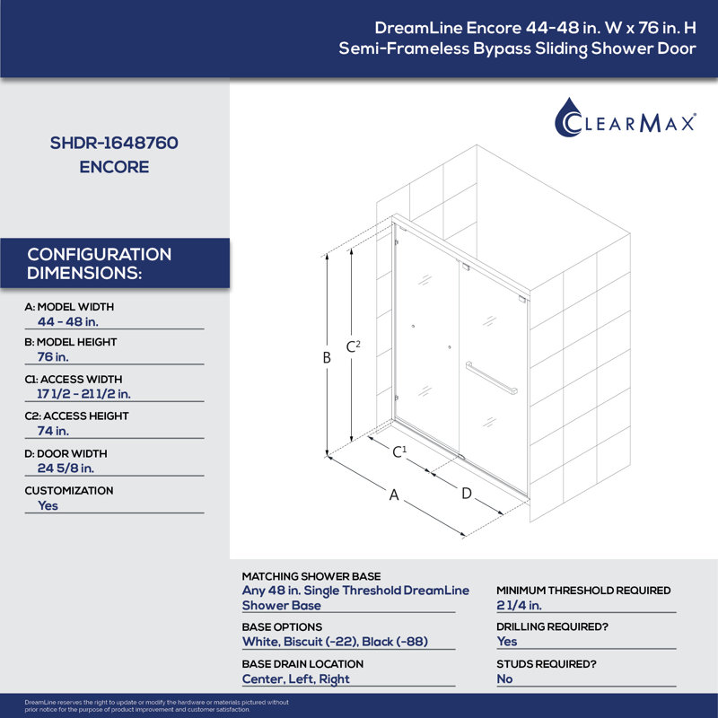 Encore 44" W x 76" Frameless Shower Door with ClearMax Technology, Smoke Gray, Matte Black