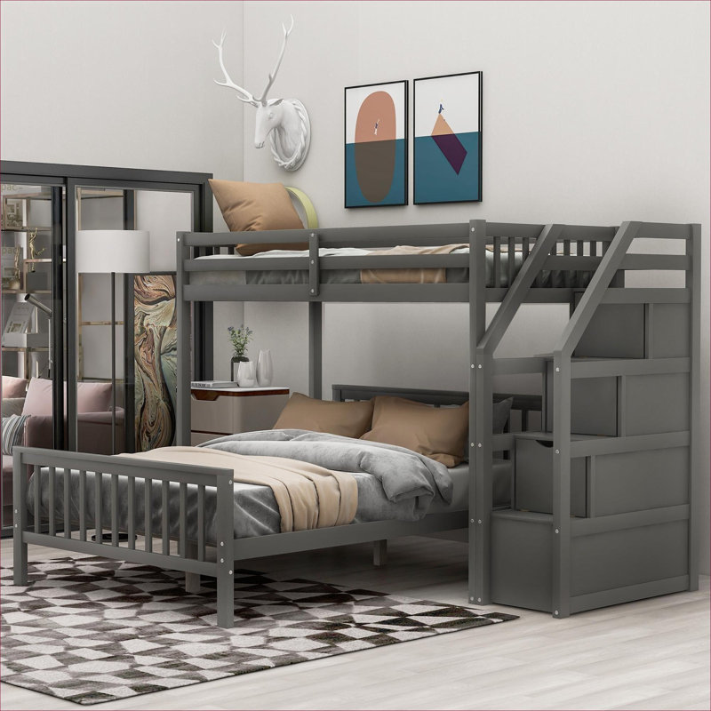 Structure de lit mezzanine simple sur trois lits superposés avec escalier, construction en pin massif, gris neutre, Gray