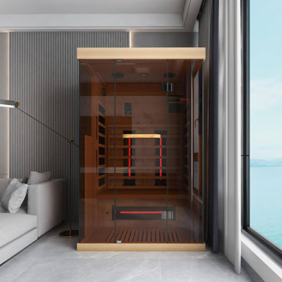 1-2 Person Infrared Sauna with 15-Minute Pre-Warmup – Home Far Infrared Sauna Featuring 7 Color Chromotherapy Lighting and Full-View Tempered Glass, P