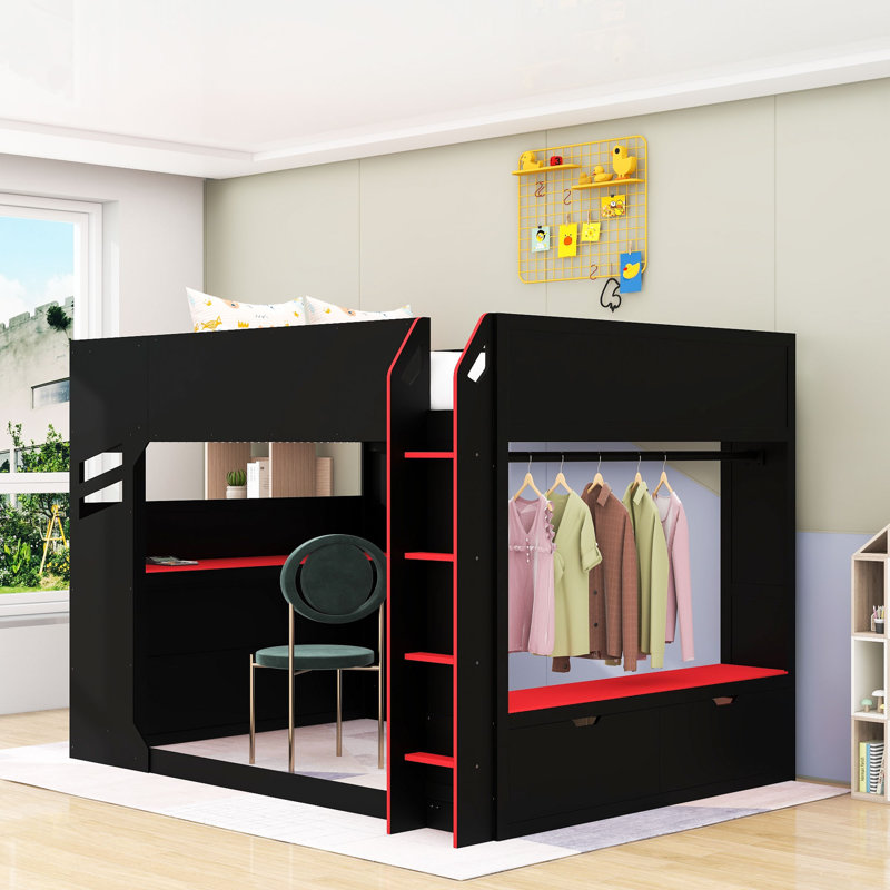 Full Size Loft Bed With Charging Station, Height-Adjustable Desk, RGB Light Strip And Drawers, Red