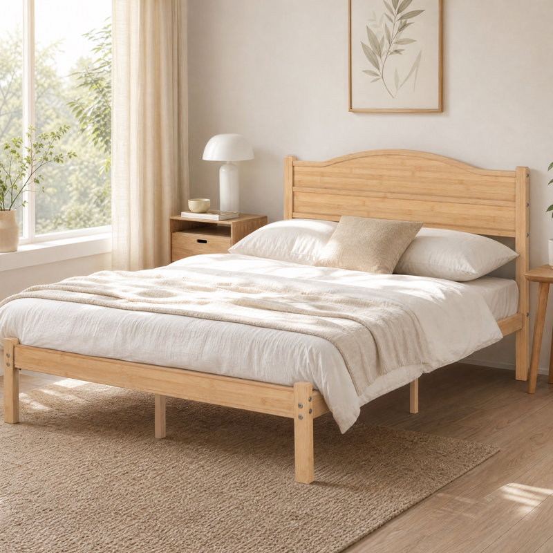 Structure de lit plateforme en bambou avec tête de lit, finition en bois naturel, système de support à lattes et rangement sous le lit