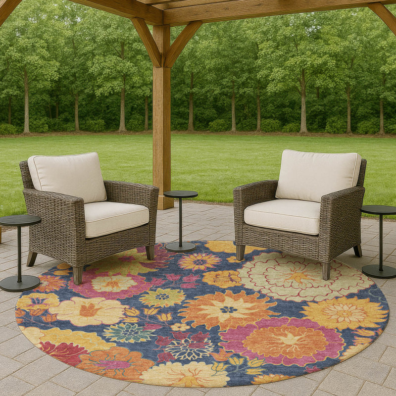 Machine Washable Indoor/Outdoor Matteson ACN2293 Floral Rug, Round 8'