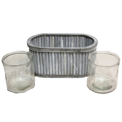 Ensemble de vase de table en verre double 3 pièces en bois ovale délavé Poteau