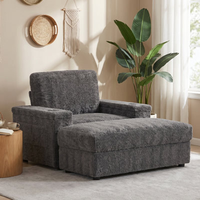 42" Oversized Single Sofa with Storage Ottoman, Faux Fur Armchair with Cup Holder & Hidden Storage Arm, Deep Seat Reading Chair for Living Room or Apartment