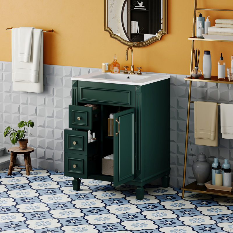 Meuble-lavabo 24 po avec lavabo en céramique, petite armoire de salle de bain, armoire moderne avec 2 tiroirs et tablette réglable