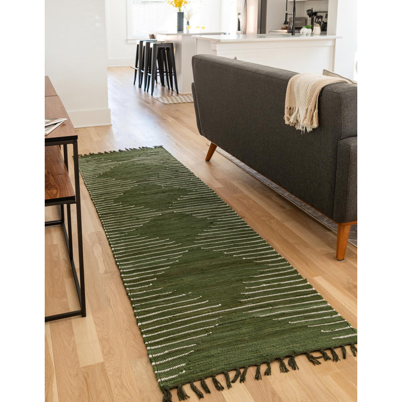 Tapis vert en coton tissé à plat à la main Justice, Tapis de couloir 2 pi 11 po x 16 pi 1 po
