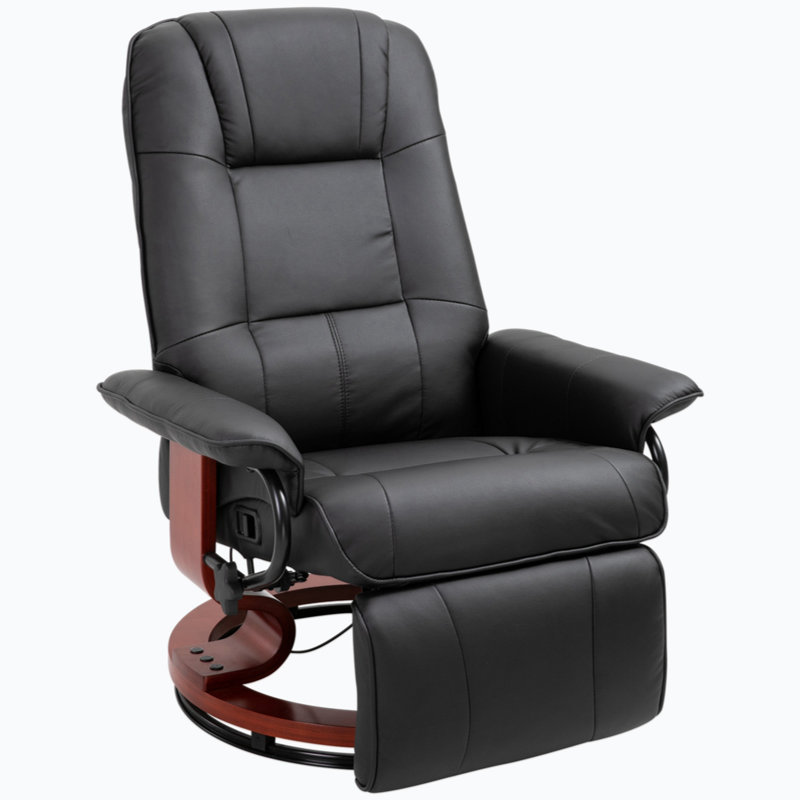 Black Faux Leather Swivel Recliner with Wood Base
