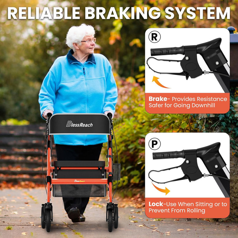Déambulateurs pliables avec siège pour personnes âgées, capacité de 450 lb, roues de 8 po, grand siège de 18 po, hauteur réglable à 6 positions, déambulateur roulant en aluminium robuste