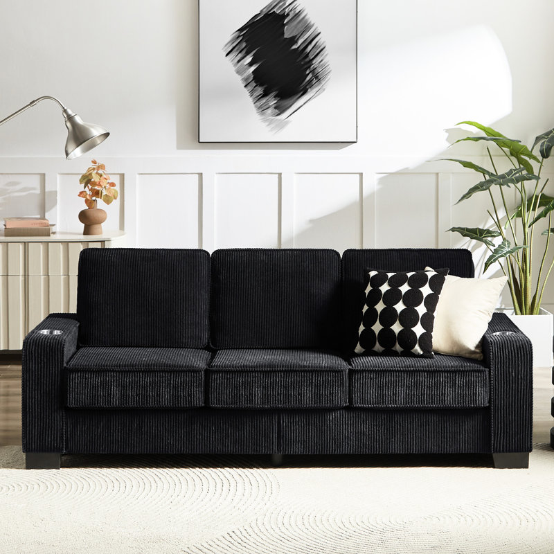 3 velours côtelé avec porte-gobelets - Canapé compressé de 83,86 po pour la chambre à coucher, le salon, le bureau, noir