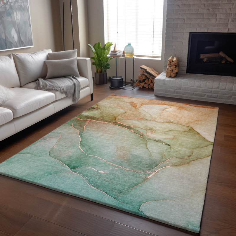 Premium Machine Washable Cerrito AMF508 Teal Rug, Rectangle 8' x 10'