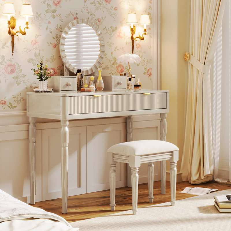 Ensemble de coiffeuse avec miroir rond, hauteur réglable, coiffeuse, 4 tiroirs et tabouret, Champagne