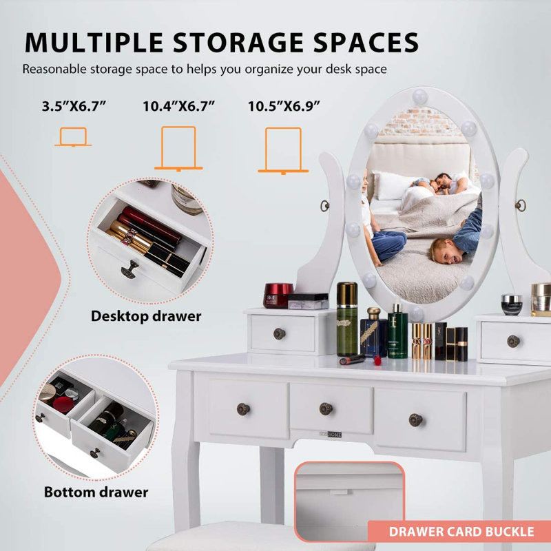 Hayter  Makeup Vanity Set with Rotating Lighted Mirror and Cushioned Stool, White
