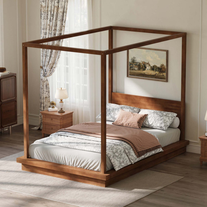 Lit plateforme à baldaquin en bois avec tête de lit, Grand lit, Brun