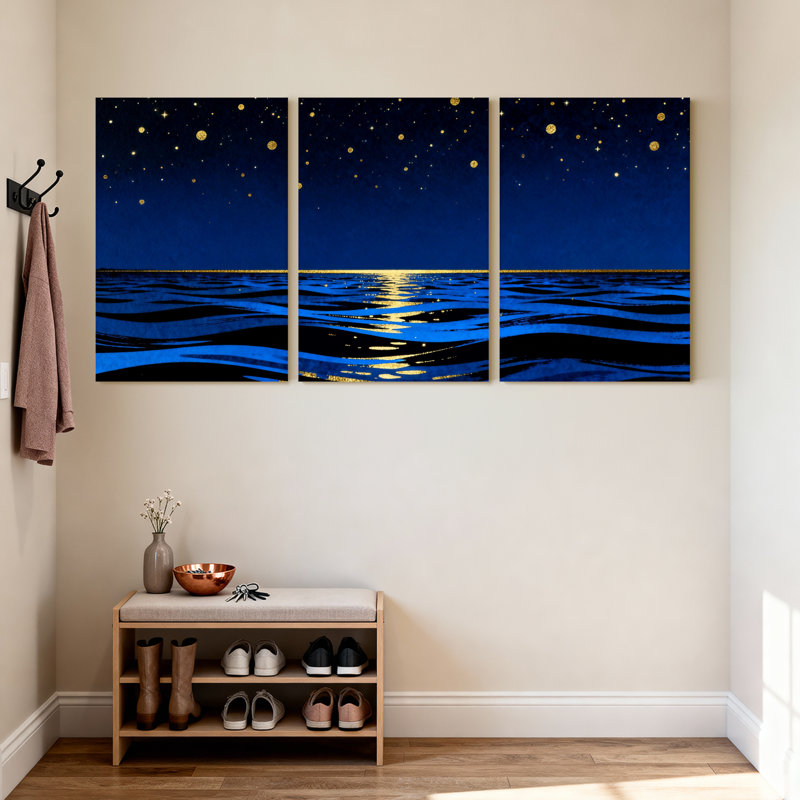 Ensemble de 3 impressions sur toile, "Night Sky Stars Reflecting On Water Surface", 18" H x 36" W