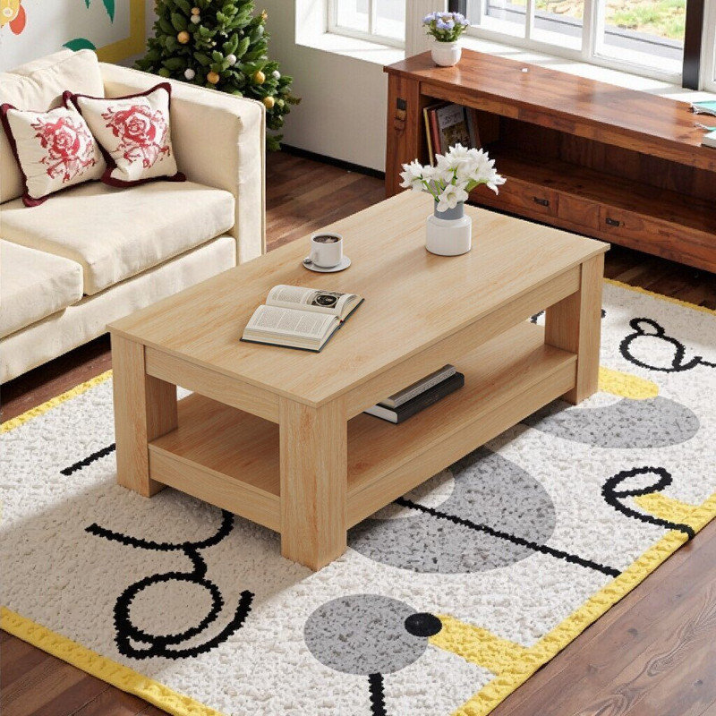 Double Layer MDF Coffee Table, Rectangular Design, Natural Wood