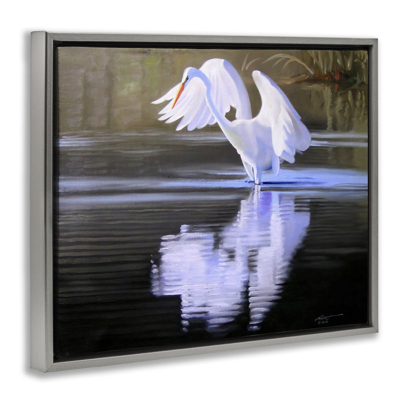 "Egret with Water Ripples", art mural par D. Rust, Cadre flottant gris lustré, H 25 po x l 31 po
