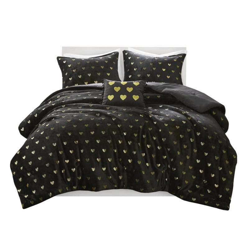 Édredon pour lit simple / simple TG avec 2 taies décoratives et coussin décoratif, noir / or, rembourrage, - 1 taie décorative imprimée, rembourrée, lavable à la machine