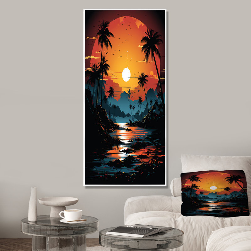 Orange et noir, paysage tropical, coucher de soleil, paysage abstrait, Cadre flottant blanc, H 60 po x l 28 po x P 1,5 po