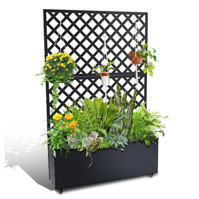 Metal Raised Garden Bed with Trellis & Wheels, Galvanized Planter Box Privacy Screen for Climbing Plants