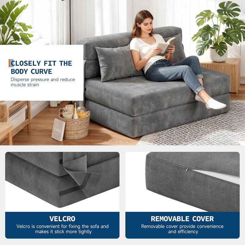 Canapé-lit et chaise-lit pliant Boneless 4-en-1, causeuse convertible avec coussin, sol gris foncé