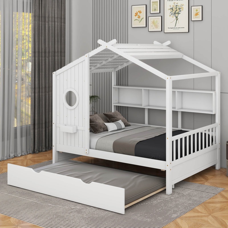 Lit double en bois avec lit gigogne et tablette de rangement, Blanc