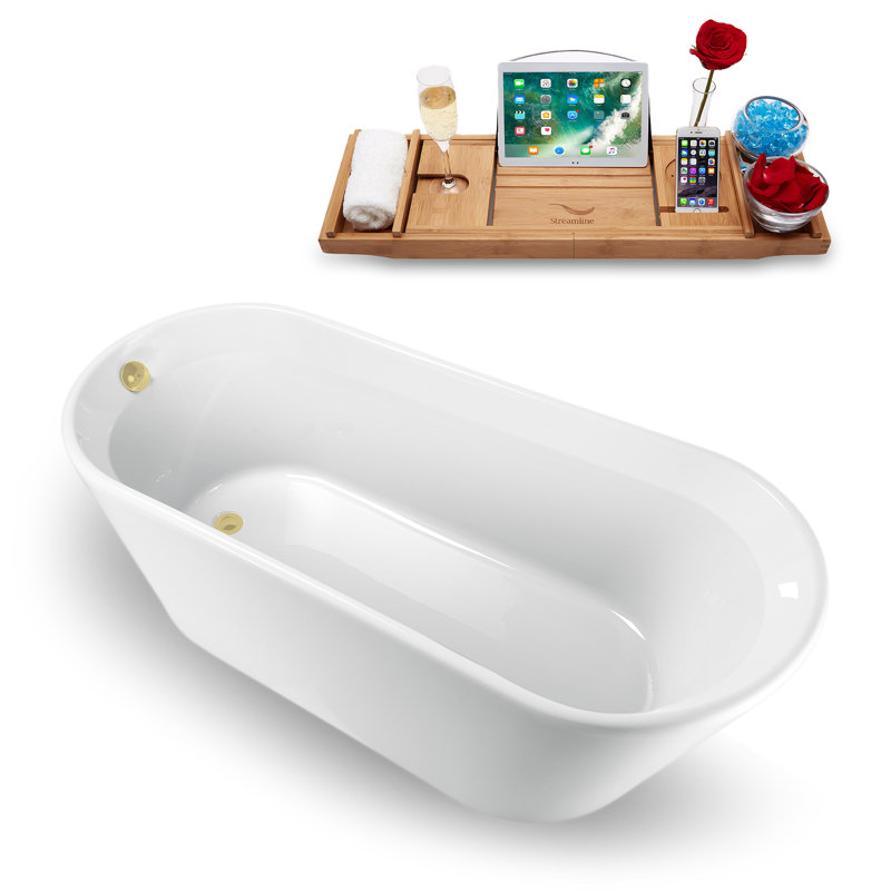 65" x 30" Freestanding Soaking Acrylic Bathtub, Polished Brass