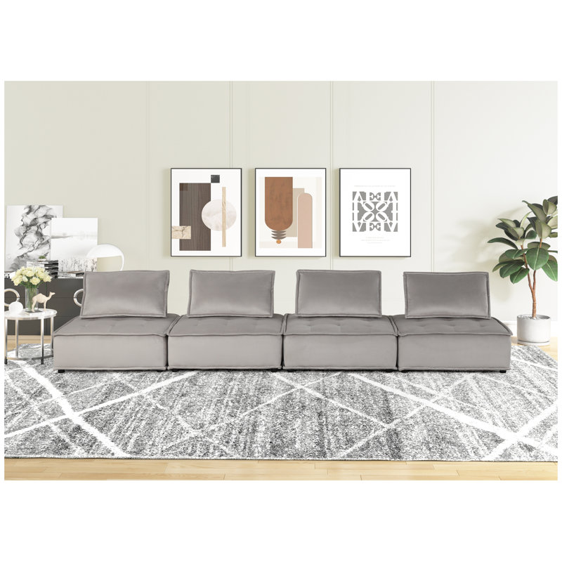Canapé modulable 4 places Anna 160 po en velours gris pâle avec sièges capitonnés et ressorts ensachés